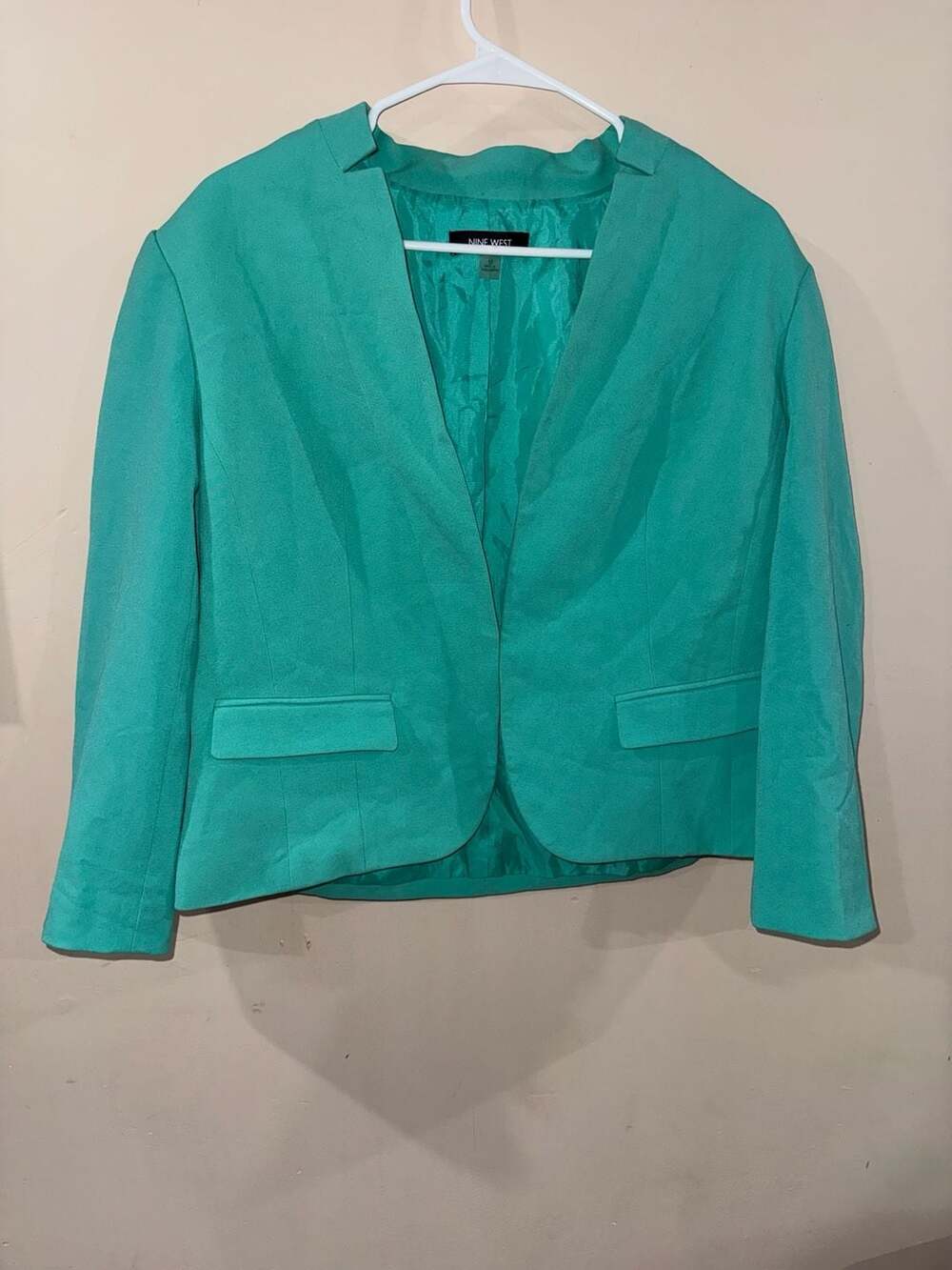 Nine West Blazer Size 12 Teal Green Open Front Lined Jacket